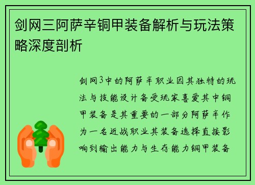 剑网三阿萨辛铜甲装备解析与玩法策略深度剖析